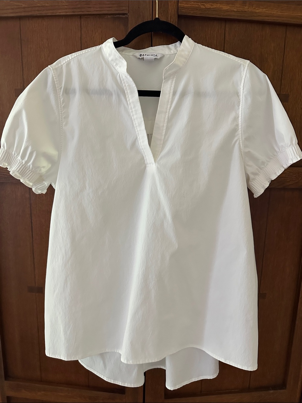 ATHLETA White Split-Neck Short-Sleeve Cotton Blouse